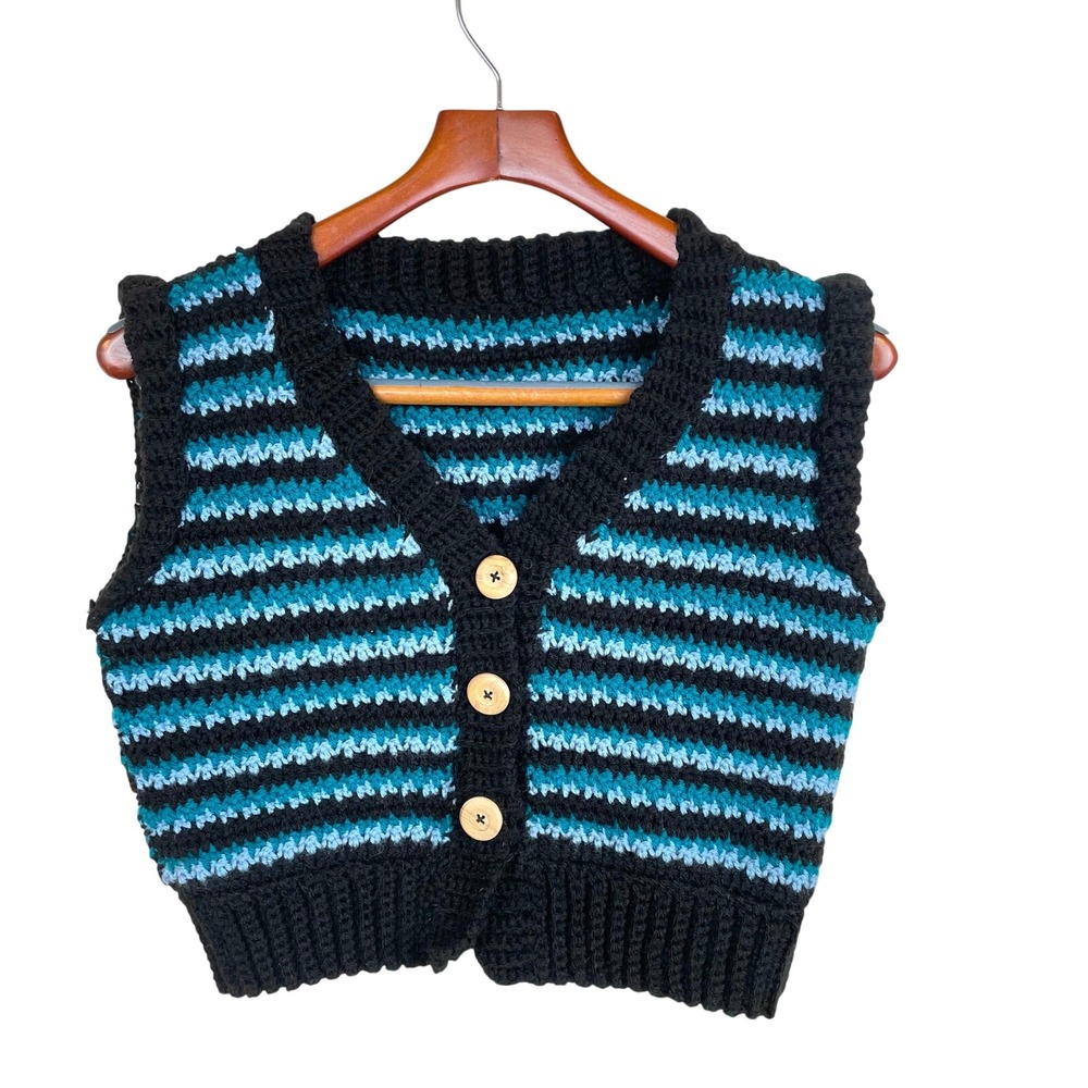 Handknit Vtg Cardigan Vest Sz S Twee Indie Grunge Hipster Striped Preppy Nerd